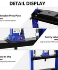 Detail display of Beefy 12 Ton Hydraulic H-Frame Shop Press with adjustable press plate, safety valve, and steel frame.