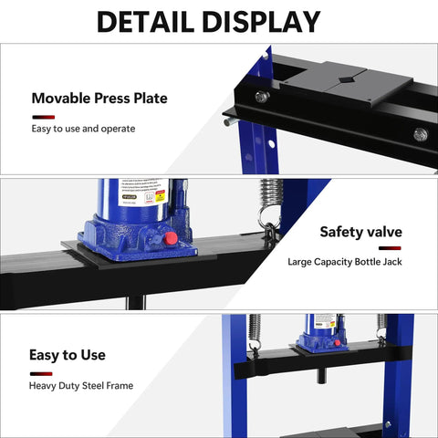 Detail display of Beefy 12 Ton Hydraulic H-Frame Shop Press with adjustable press plate, safety valve, and steel frame.