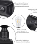 Sun Powered Dusk To Dawn Solar Post Light With Base Bright LED Outdoor Lamp details showing solar panels and on/off switch