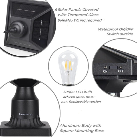 Sun Powered Dusk To Dawn Solar Post Light With Base Bright LED Outdoor Lamp details showing solar panels and on/off switch