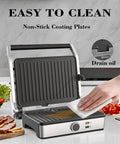 Mubenlife Multi Use Electric Panini Press And Contact Sandwich Grill with non-stick plates and oil drainage feature.