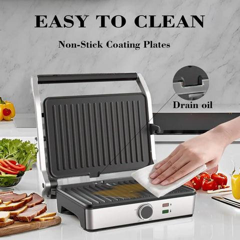Mubenlife Multi Use Electric Panini Press And Contact Sandwich Grill with non-stick plates and oil drainage feature.