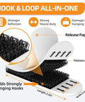 Heavy Duty Picture Hanging Strips Set With 56 Strips for damage-free walls, hook-and-loop, release paper shown, size details, black and white