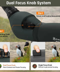 Close-up of dual focus knob system on 20 To 60x80 ED Spotting Scope With HD Optics Dual Focusing Fog Proof Waterproof Detachable Eyepieces.