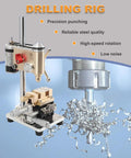 Super Slim Precision Benchtop Drill Press With Adjustable Variable Speed And Smooth Slide Mechanism Ideal For Delicate Jewelry Making, Watch Repair Work, And Tiny Hardware Details Compact Portable Design Fits Any Workspace with brass body and fine drill bit.