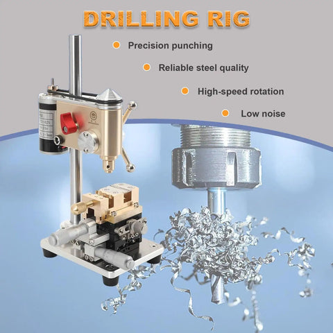 Super Slim Precision Benchtop Drill Press With Adjustable Variable Speed And Smooth Slide Mechanism Ideal For Delicate Jewelry Making, Watch Repair Work, And Tiny Hardware Details Compact Portable Design Fits Any Workspace with brass body and fine drill bit.