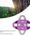Beefy Outdoor Climbing Rescue Pulley With Swing Plate, 32KN Capacity, shown on a cliffside, aluminum magnesium alloy, purple color.