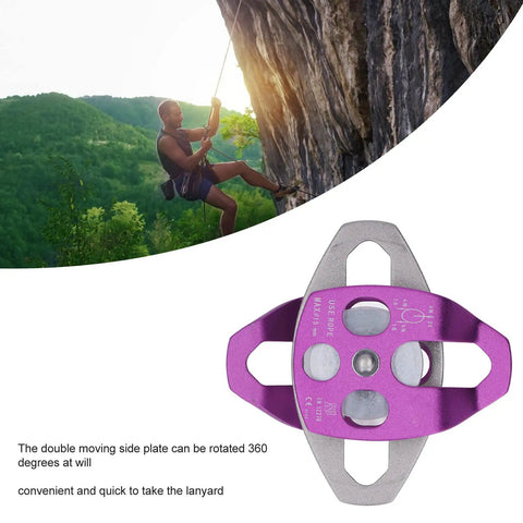 Beefy Outdoor Climbing Rescue Pulley With Swing Plate, 32KN Capacity, shown on a cliffside, aluminum magnesium alloy, purple color.