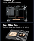 Front view: AlgoLaser 10W portable laser engraver with focal gauge; bottom shows dual-sided grooved engraving base.