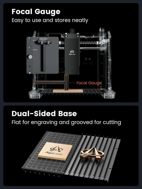 Front view: AlgoLaser 10W portable laser engraver with focal gauge; bottom shows dual-sided grooved engraving base.