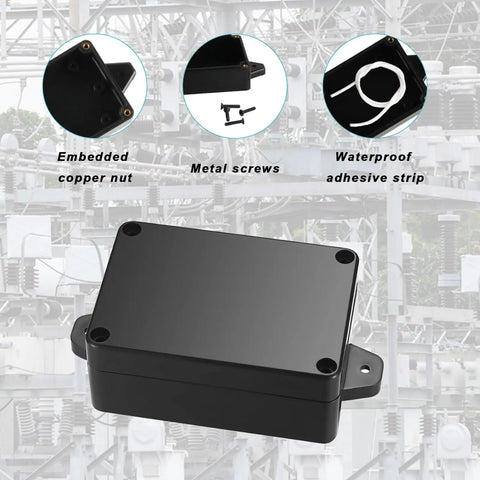 4 Pack IP65 Waterproof Junction Box Outdoor Plastic Electrical Project Box Enclosure With Fixed Ear, highlighting features.