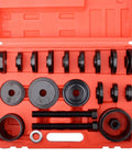 24 Piece Front Wheel Drive Bearing Removal Tool And Press Kit With Pro Grade Adapters in open red carrying case