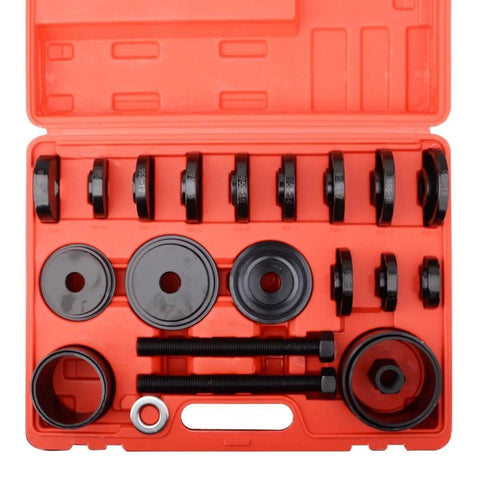 24 Piece Front Wheel Drive Bearing Removal Tool And Press Kit With Pro Grade Adapters in open red carrying case