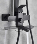 UMJIGF Matte Black Shower System with Cold and Hot Water Shower Faucet Set, detailing faucet controls and water flow.