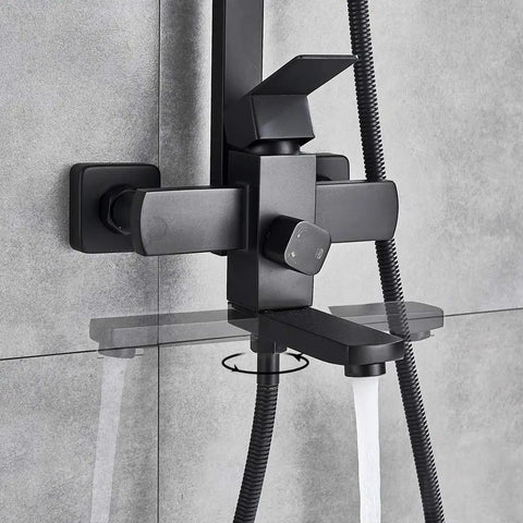 UMJIGF Matte Black Shower System with Cold and Hot Water Shower Faucet Set, detailing faucet controls and water flow.