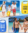 Ten Pack Waterproof Dry Bags 5L Ultralight Roll Top Storage Sacks with blue and yellow bags on beach used by people