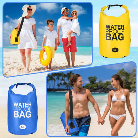Ten Pack Waterproof Dry Bags 5L Ultralight Roll Top Storage Sacks with blue and yellow bags on beach used by people