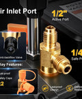1/2 inch active port and 1/4 inch safe port of No Sweat 5 CFM Two Stage HVAC Vacuum Pump Half Hp Copper Motor.