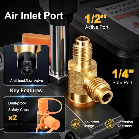 1/2 inch active port and 1/4 inch safe port of No Sweat 5 CFM Two Stage HVAC Vacuum Pump Half Hp Copper Motor.