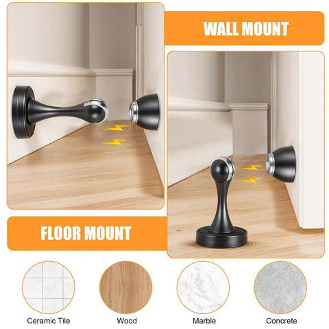 Six Pack Magnetic Door Stops Heavy Duty Stainless Steel Black Finish Wall Or Floor Mount Keeps Doors Open Prevents Slams Protects Walls Hands Free When Carrying Items, shown in wall and floor mounts on wood surface.