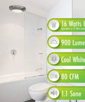 Bathroom with Integrated LED Light Bath Fan With Ceiling Mount Exhaust Quiet One Point One Sones Eighty CFM Brushed Nickel Finish