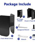Package contents of Heavy Duty E Track Wheel Chock For E Track System with adapter, mount, wrenches, screws, and nuts