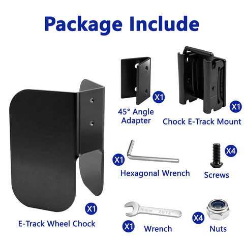 Package contents of Heavy Duty E Track Wheel Chock For E Track System with adapter, mount, wrenches, screws, and nuts