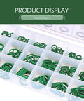 Real Premium Hella Tough Car AC Gasket Kit With 270 Heavy Duty Rubber O Rings displayed in a clear organizer box.