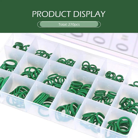 Real Premium Hella Tough Car AC Gasket Kit With 270 Heavy Duty Rubber O Rings displayed in a clear organizer box.