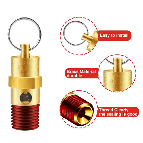 Two brass 1/4-inch NPT air compressor pressure relief valves (175 PSI) with ring handle.