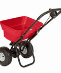 Big 80lb Capacity Broadcast Spreader For Lawns And Seeds With Rustproof Poly Hopper, pre-assembled, with adjustable drop rate.