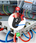 All In One Crimping Tool Kit With 1800 Ferrules, Self Adjusting Ratchet Crimper on electrical wiring box, showing crimped wires