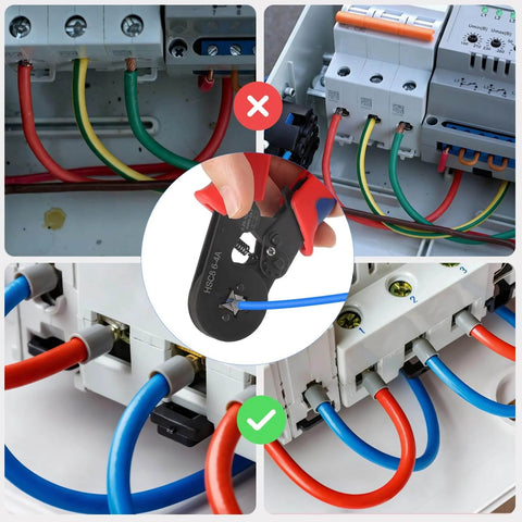 All In One Crimping Tool Kit With 1800 Ferrules, Self Adjusting Ratchet Crimper on electrical wiring box, showing crimped wires