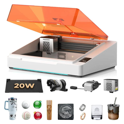 NOVA 20W AI Smart Laser Engraver With HD Camera Positioning Auto Focus And Air Assist 360 Rotary Kit For Tumblers