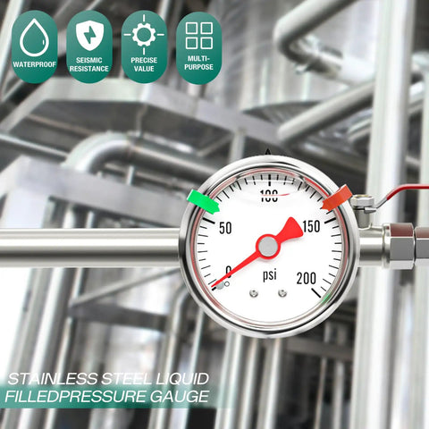 Stainless Steel Liquid Filled Pressure Gauge Back Mount Built Tough For Water Oil And Air Testing One Eighth Inch NPT One And A Half Inch Dial Zero To Two Hundred PSI With Range Mark Pointer