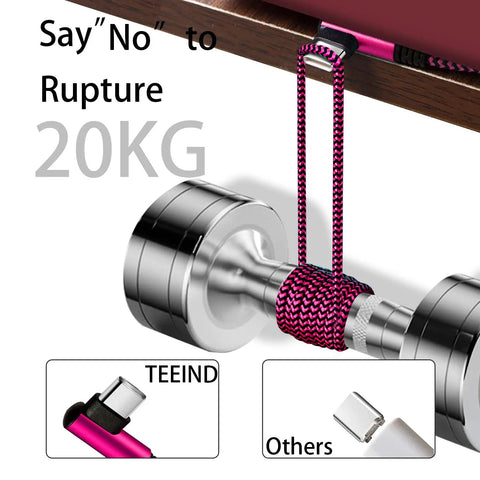 USB C Angled Cable 90 Degree 6ft 4 Pack Nylon Braided Charger Cord for Galaxy S10 S10e S9 Note 10 With Fast Charge Data Sync Durable Nylon Braided Build Tangle Free Flexible Right Angle USB C Cable in Blue Black Magenta Purple, pink braided cable close-up