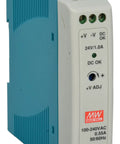 MDR-20-24 AC To DC DIN Rail Power Supply 24V 1A 24W IP67 Encapsulated, front view of blue and white unit.