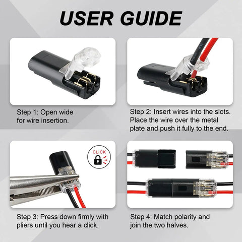 User guide showing assembly of Double Quick Connectors Kit for Low Voltage Wiring, highlighting solderless push-in connectors.