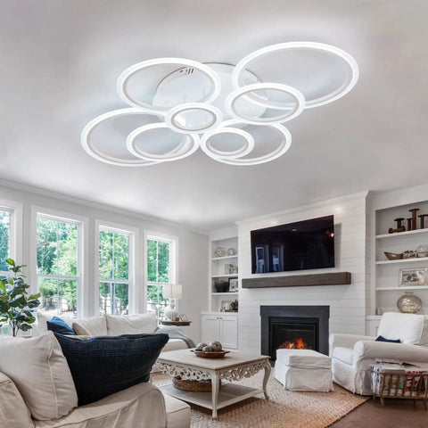 41 Inch Modern LED Ceiling Light With Remote Dimmable Eight Ring White Flush Mount Fixture For Living Room