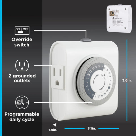 24 Hour Mechanical Outlet Timer Switch with dual grounded plug, override switch, and programmable dial, size 3.6x3.1x1.8 inches