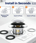 Bathtub Drain Stopper Pop-Up Tub Stopper Hair Catcher installation instructions with tools and parts visible.