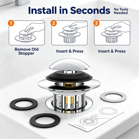 Bathtub Drain Stopper Pop-Up Tub Stopper Hair Catcher installation instructions with tools and parts visible.