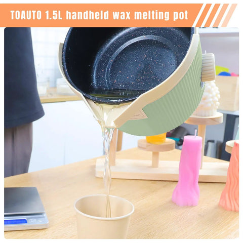 Pouring wax from green 3 lb melting pot, part of All In One Candle Making Kit With A 3 LB Melting Pot Heat Gun Digital Thermometer Digital Scale Wick Trimmer Pro DIY Tools For Adults Great For Home Candle Craft Projects And Fixing Wax Mistakes.