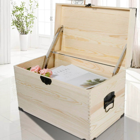 Wooden chest with heavy duty lid hinge with soft close gas strut for 30 to 60 pound lids 200N gas spring satin nickel finish