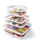 Six Pack Clear Hard Shell Zipper Pouches Waterproof Crush Resistant Storage Bags For Purse Diaper Bag stacked with colorful contents.