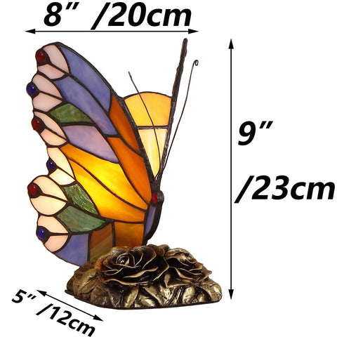 Butterfly Tiffany Style Stained Glass Accent Table Lamp Night Light with 8x5x9" dimensions, on decorative base, warm glow.
