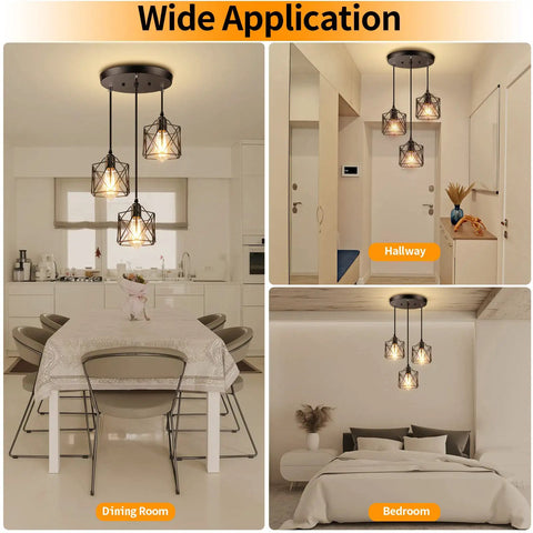 Industrial 3 Light Pendant Light With Adjustable Length Hanging Fixture Black Metal Cage Farmhouse Pendant in kitchen, hallway, and bedroom settings