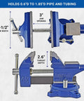 Heavy Duty Rock Solid Home Workshop Bench Vise Four Point Five Inch Wide Jaw With Hella Sturdy Soft Covers And Sure Grip Swivel Base Gray Iron Cast Construction For Diy Makers Making Quick Work Of Projects showing 4.5" jaw width and 3" opening.
