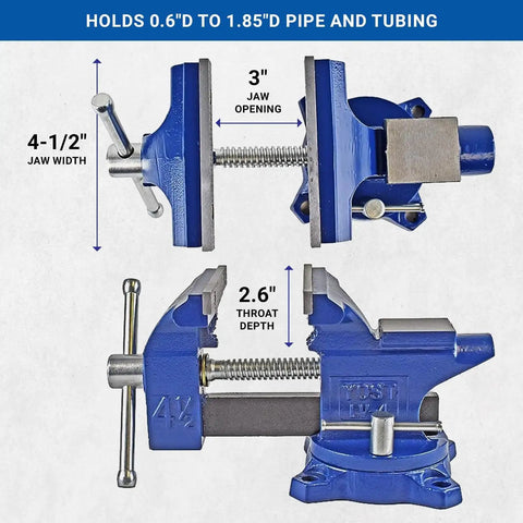 Heavy Duty Rock Solid Home Workshop Bench Vise Four Point Five Inch Wide Jaw With Hella Sturdy Soft Covers And Sure Grip Swivel Base Gray Iron Cast Construction For Diy Makers Making Quick Work Of Projects showing 4.5" jaw width and 3" opening.