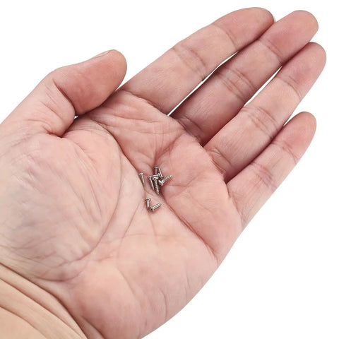 Hand holding miniature screws from Hex Bolts And Miniature Self-Tapping Screws Set, 600/1200 Piece Kit With Crosshead Screws